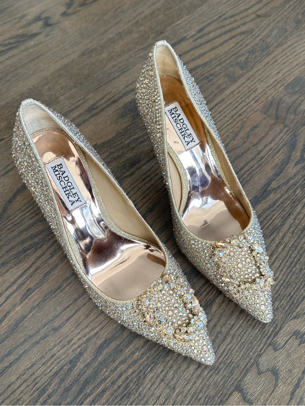Badgley Mischka Gold Crystal Pointed-Toe Embellished Pumps